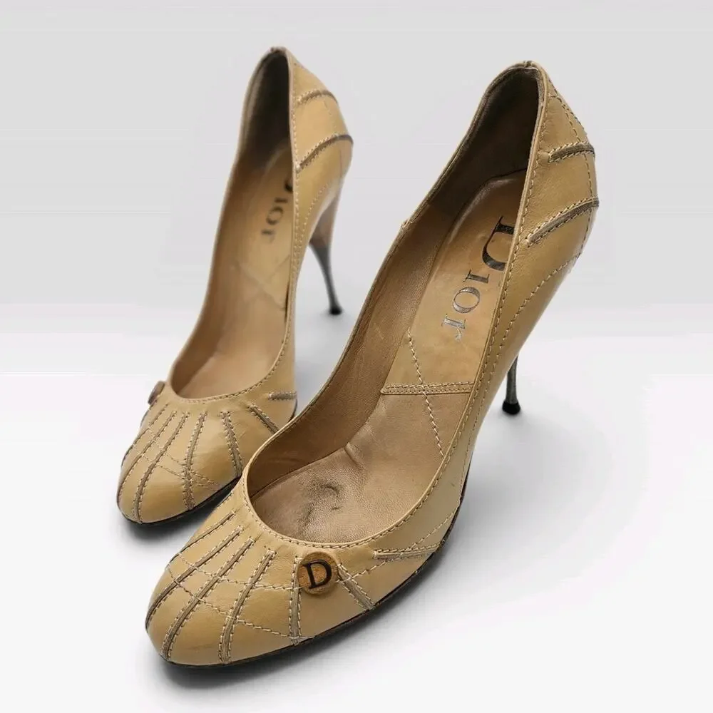 Vintage Dior Camel Leather Pumps with Wood/Metal Heel John Galliano Era sz 40
